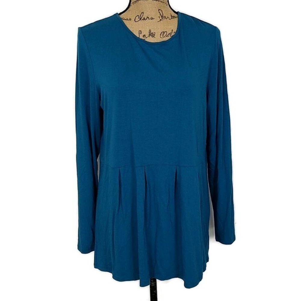 J Jill Tunic Top Blue Peplum Ruffle Long Sleeve Pull Over sz M Comfy Minimalist